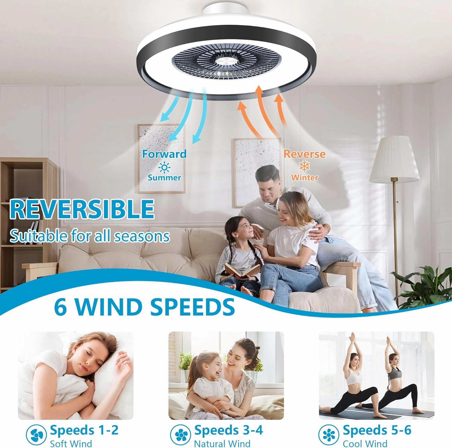 24" Bladeless Ceiling Fan with Light, Low Profile Ceiling Fan, Flush Mount Ceilings Fans with Remote & App Controll,6 Speeds Timing Reversible, Enclosed for 3-Dimmable Light