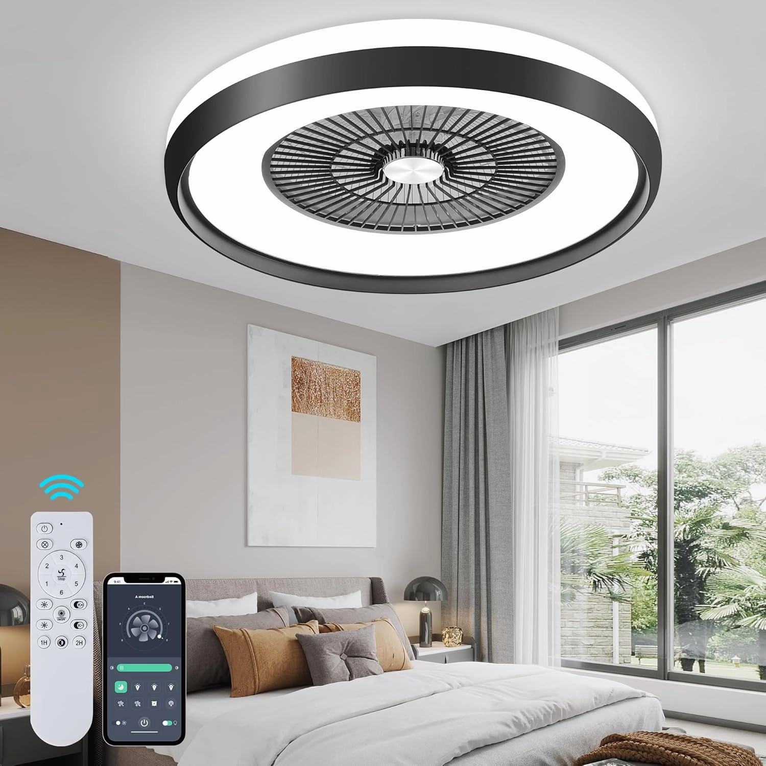 24" Bladeless Ceiling Fan with Light, Low Profile Ceiling Fan, Flush Mount Ceilings Fans with Remote & App Controll,6 Speeds Timing Reversible, Enclosed for 3-Dimmable Light