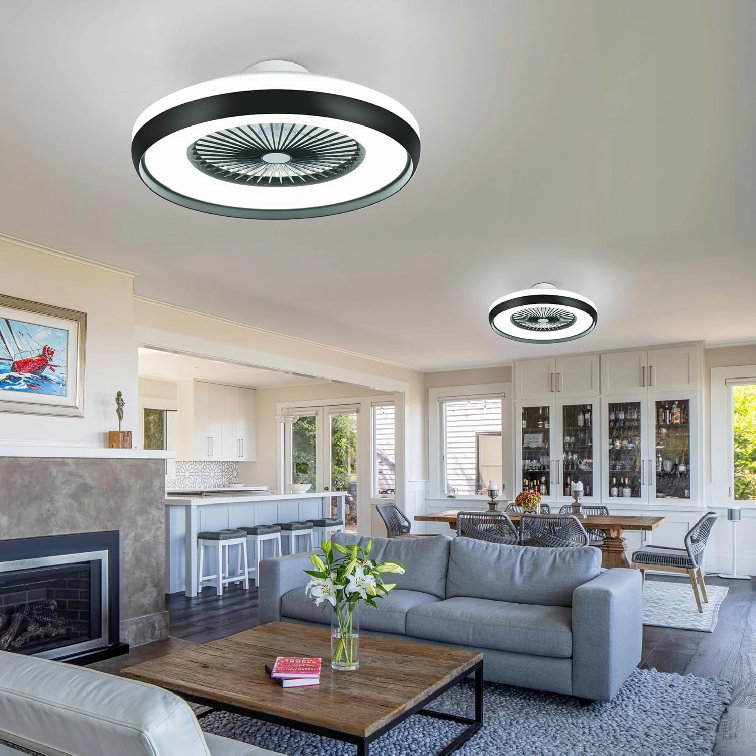 24" Bladeless Ceiling Fan with Light Remote, Smart LED Ceiling Fans with App Control, Modern Low Profile Dimmable Light Ceiling Fan for Bedroom Living Room Black