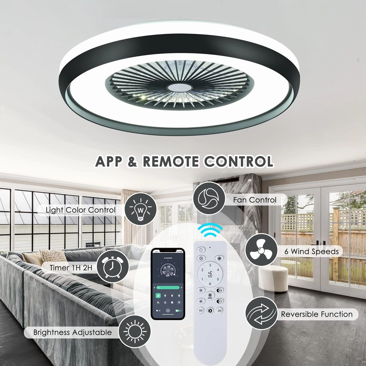 24" Bladeless Ceiling Fan with Light Remote, Smart LED Ceiling Fans with App Control, Modern Low Profile Dimmable Light Ceiling Fan for Bedroom Living Room Black