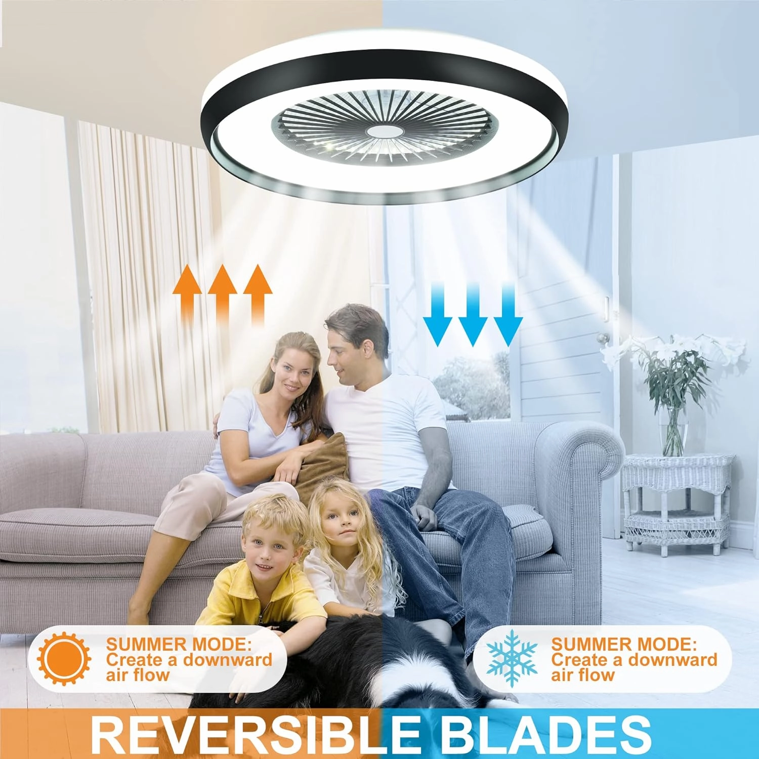 24" Bladeless Ceiling Fan with Light Remote, Smart LED Ceiling Fans with App Control, Modern Low Profile Dimmable Light Ceiling Fan for Bedroom Living Room Black