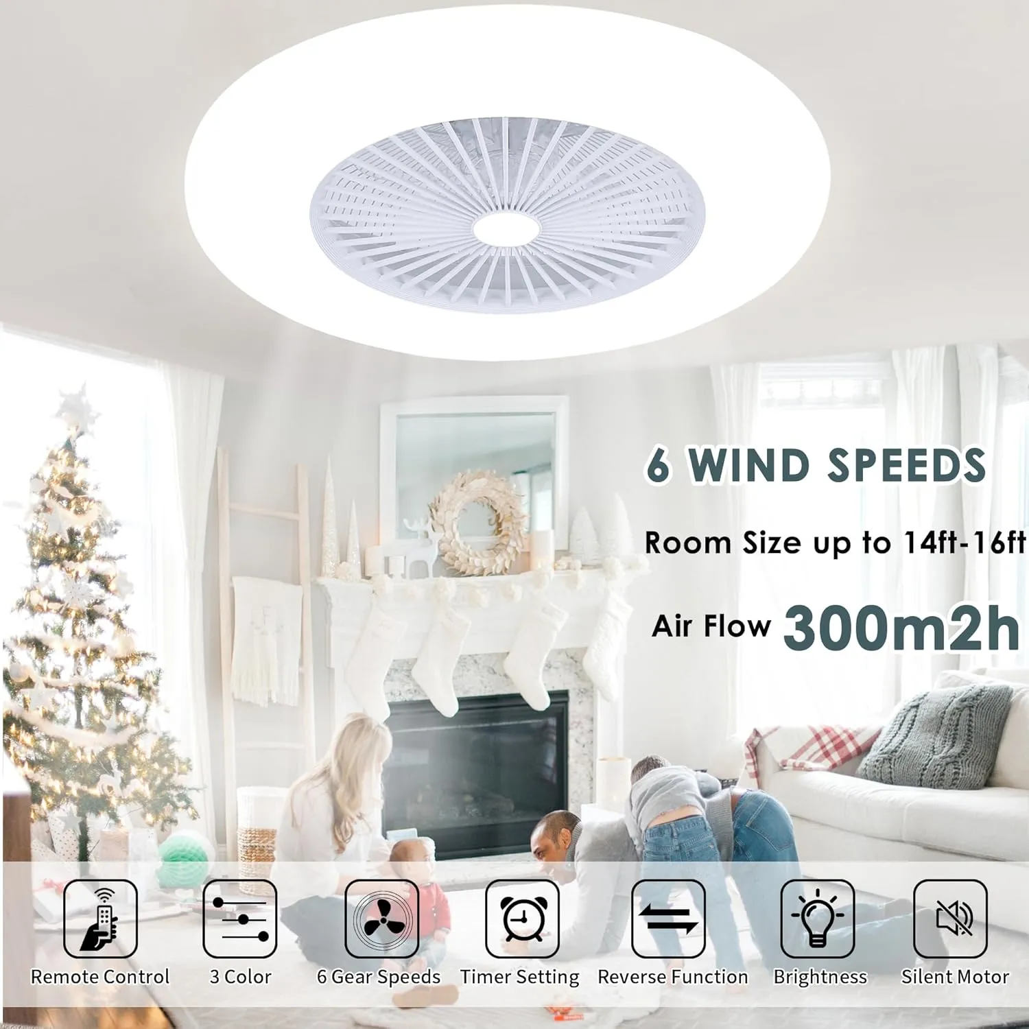 24" Bladeless Ceiling Fan with Light, Low Profile Flush Mount, 3 Color Dimmable Smart LED, 6 Speeds Timing Reversible, Modern Enclosed Ceiling Fan Remote & APP Control