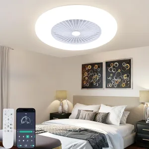 24" Bladeless Ceiling Fan with Light, Low Profile Flush Mount, 3 Color Dimmable Smart LED, 6 Speeds Timing Reversible, Modern Enclosed Ceiling Fan Remote & APP Control Small bladeless fan for quiet cooling