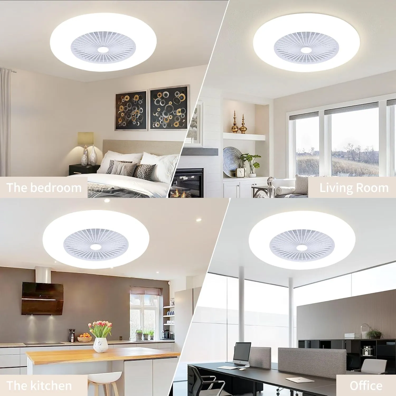 24" Bladeless Ceiling Fan with Light, Low Profile Flush Mount, 3 Color Dimmable Smart LED, 6 Speeds Timing Reversible, Modern Enclosed Ceiling Fan Remote & APP Control