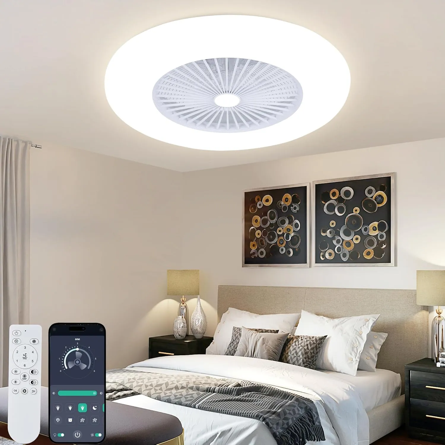 24" Bladeless Ceiling Fan with Light, Low Profile Flush Mount, 3 Color Dimmable Smart LED, 6 Speeds Timing Reversible, Modern Enclosed Ceiling Fan Remote & APP Control Small bladeless fan for quiet cooling