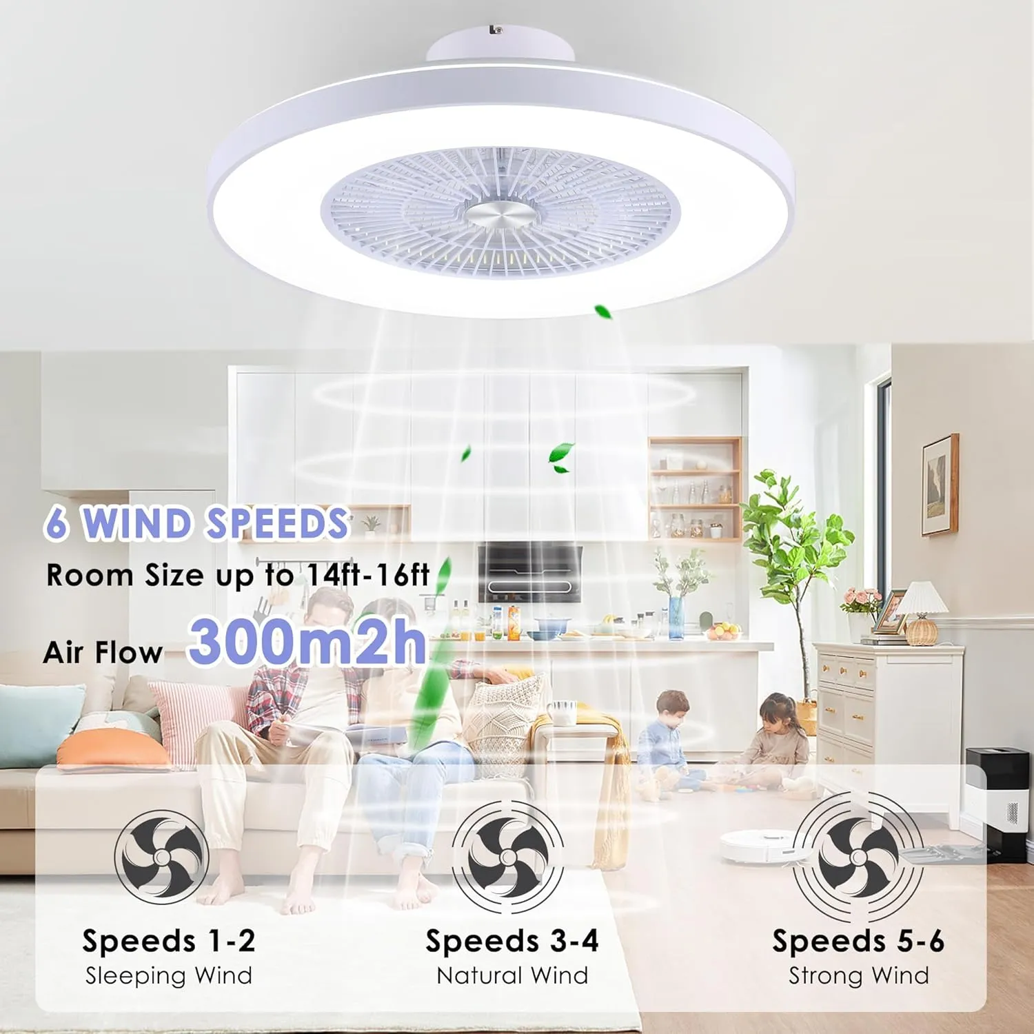 24" Bladeless Ceiling Fans with Lights and Remote/APP Control, Low Profile Ceiling Fan with 3-Dimmable Lights, Enclosed Flush Mount Ceiling Fan for Kid's Bedroom/Living Room