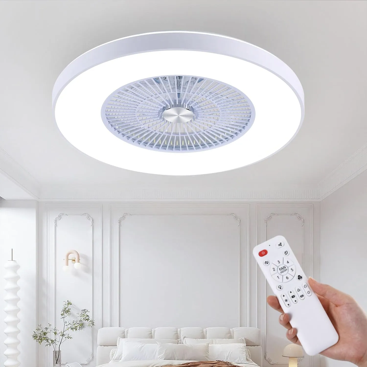 24" Bladeless Ceiling Fans with Lights and Remote/APP Control, Low Profile Ceiling Fan with 3-Dimmable Lights, Enclosed Flush Mount Ceiling Fan for Kid's Bedroom/Living Room Fan with safety blade design