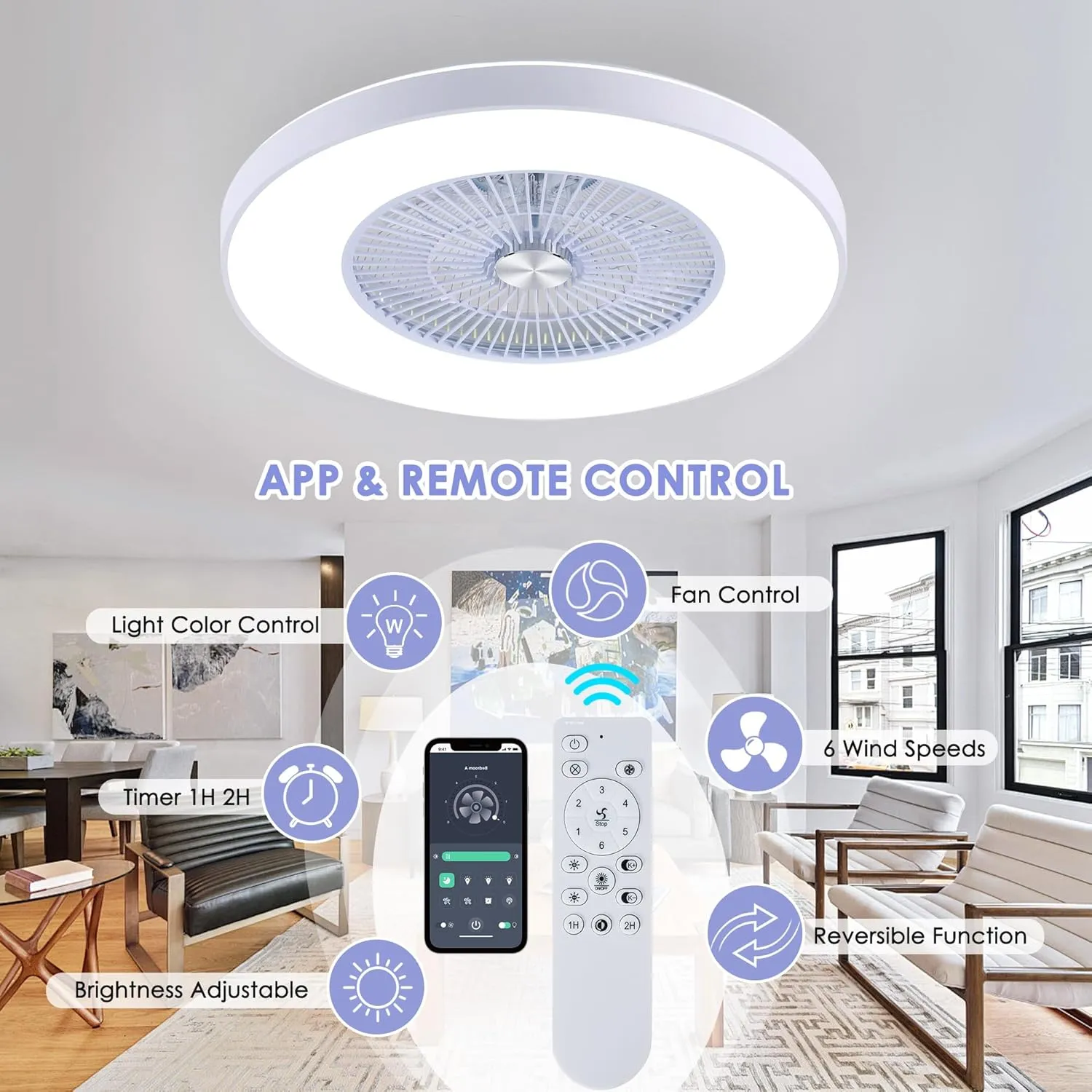 24" Bladeless Ceiling Fans with Lights and Remote/APP Control, Low Profile Ceiling Fan with 3-Dimmable Lights, Enclosed Flush Mount Ceiling Fan for Kid's Bedroom/Living Room