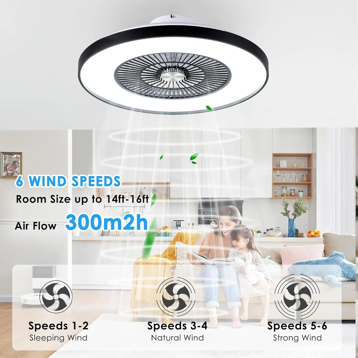 24" Bladeless Ceiling Fans with Lights and Remote/APP/Voice Control, Low Profile Ceiling Fan with RGB Lights, Enclosed Flush Mount Ceiling Fan for Kid's Bedroom/Living Room