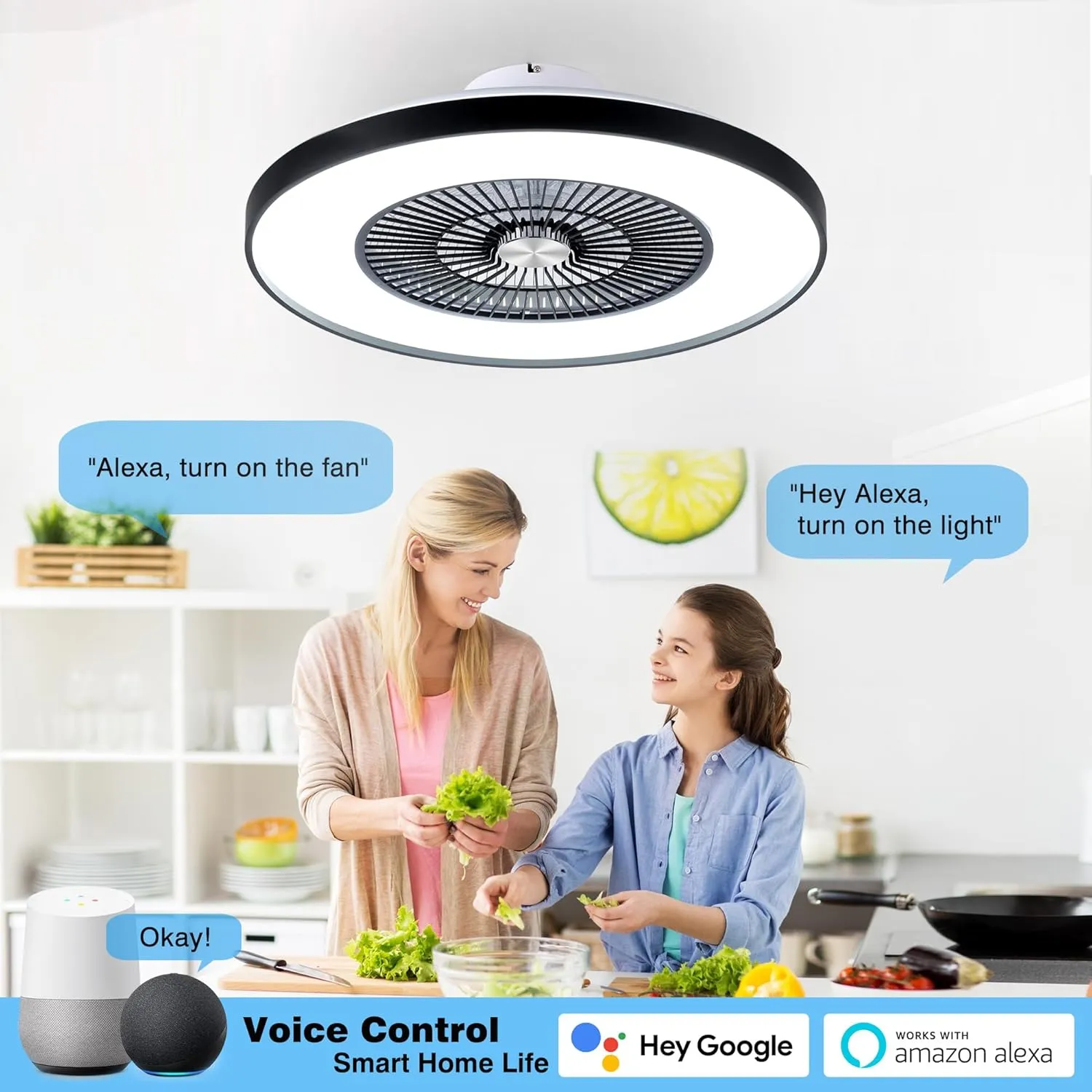 24" Bladeless Ceiling Fans with Lights and Remote/APP/Voice Control, Low Profile Ceiling Fan with RGB Lights, Enclosed Flush Mount Ceiling Fan for Kid's Bedroom/Living Room