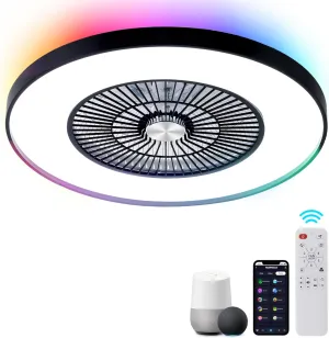 24" Bladeless Ceiling Fans with Lights and Remote/APP/Voice Control, Low Profile Ceiling Fan with RGB Lights, Enclosed Flush Mount Ceiling Fan for Kid's Bedroom/Living Room Small bladeless fan for quiet cooling