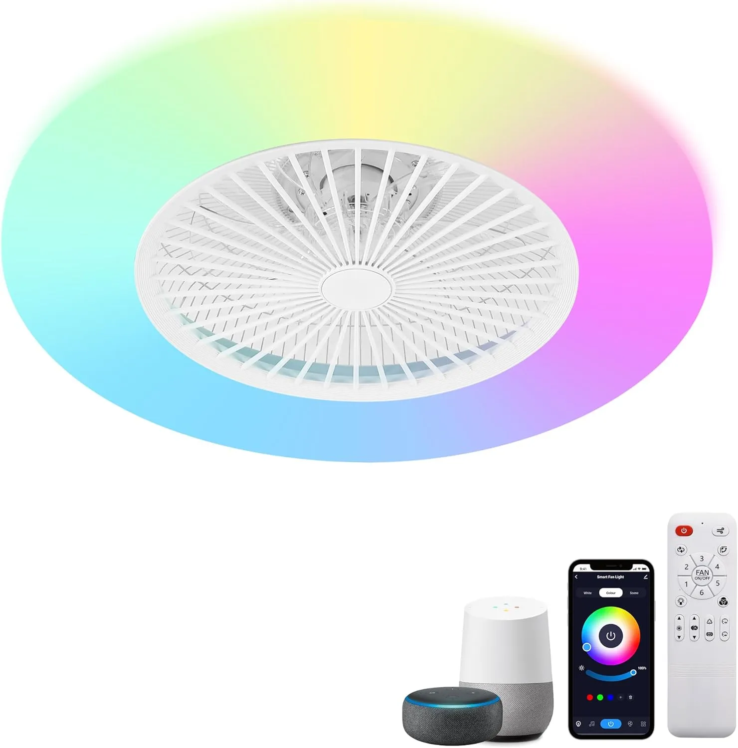 24" Bladeless Ceiling Fans with Lights, RGB Ceiling Fan with Alexa, APP Control, Low Profile flush mount Ceiling Fan Dimmable Color Changing LED Ambient Light Small bladeless fan for quiet cooling