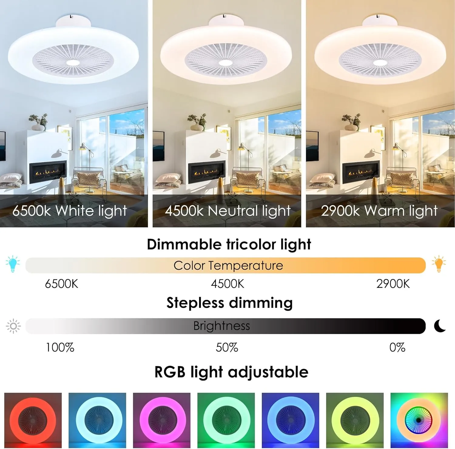 24" Bladeless Ceiling Fans with Lights, RGB Ceiling Fan with Alexa, APP Control, Low Profile flush mount Ceiling Fan Dimmable Color Changing LED Ambient Light