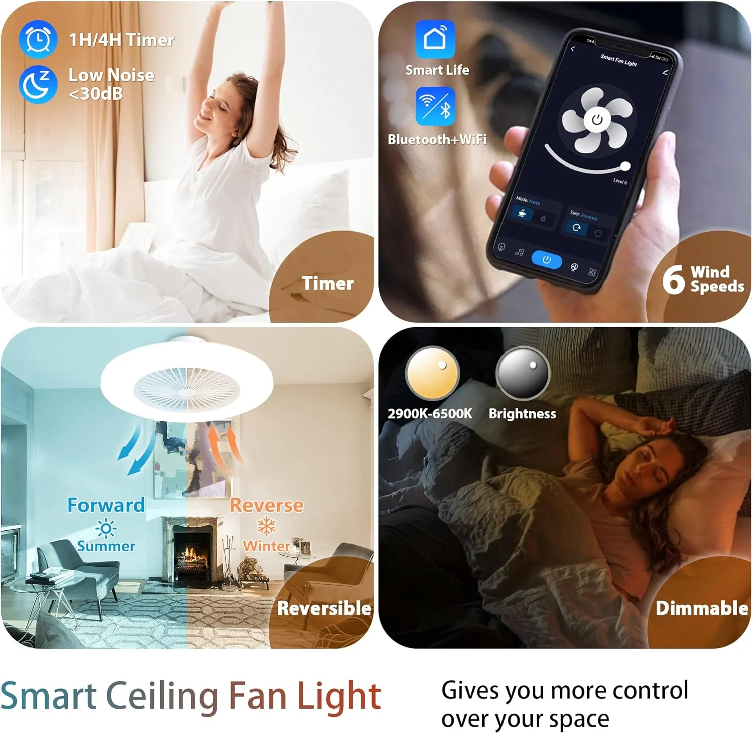 24" Bladeless Ceiling Fans with Lights, RGB Ceiling Fan with Alexa, APP Control, Low Profile flush mount Ceiling Fan Dimmable Color Changing LED Ambient Light