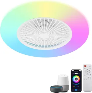24" Bladeless Ceiling Fans with Lights, RGB Ceiling Fan with Alexa, APP Control, Low Profile flush mount Ceiling Fan Dimmable Color Changing LED Ambient Light Small bladeless fan for quiet cooling