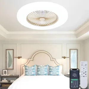 24" Low Profile Ceiling Fan, Bladeless With Light, Flush Mount Remote & APP Control, 3-Dimmable Light, 6 Speeds Timing Reversible Quiet Enclosed Small bladeless fan for quiet cooling