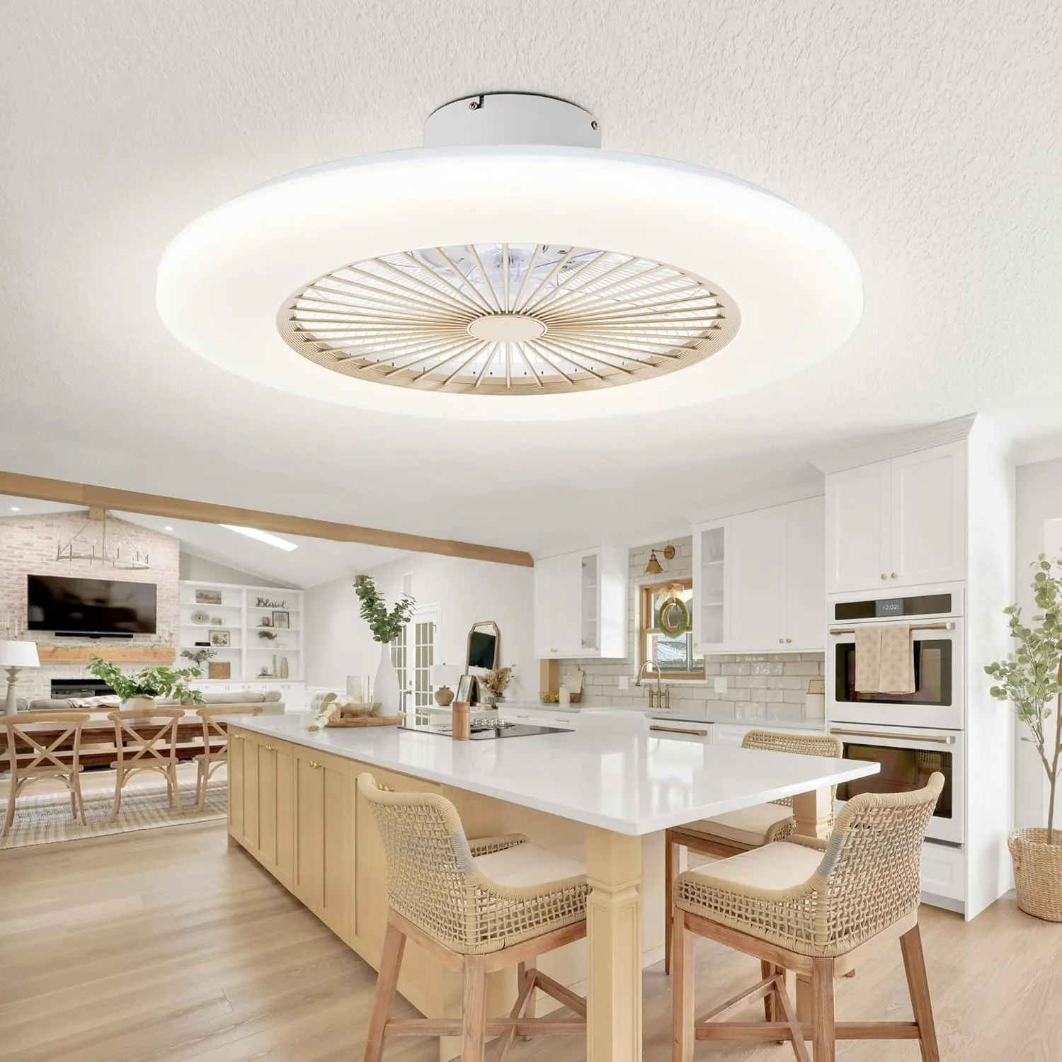24" Low Profile Ceiling Fan, Bladeless With Light, Flush Mount Remote & APP Control, 3-Dimmable Light, 6 Speeds Timing Reversible Quiet Enclosed