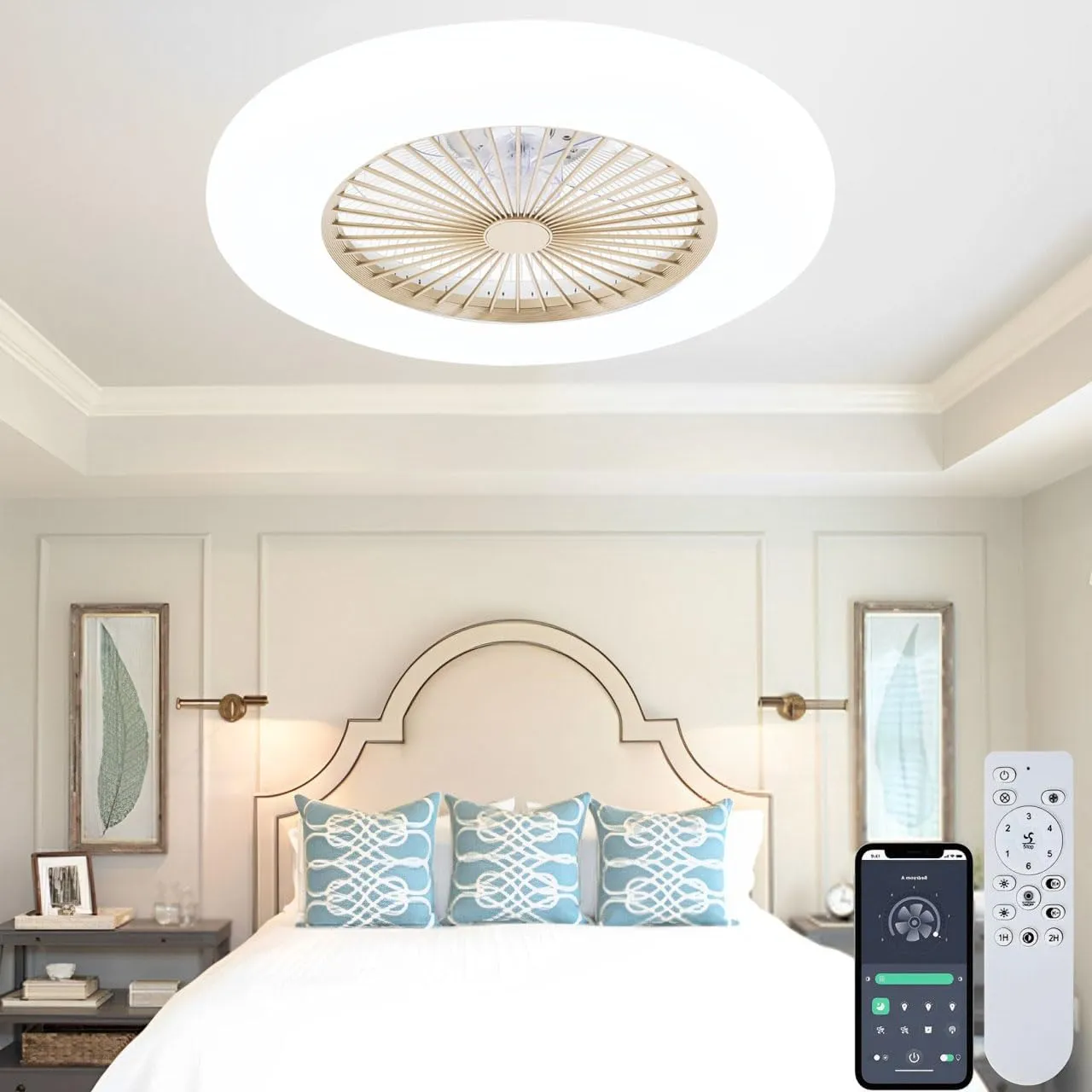 24" Low Profile Ceiling Fan, Bladeless With Light, Flush Mount Remote & APP Control, 3-Dimmable Light, 6 Speeds Timing Reversible Quiet Enclosed Small bladeless fan for quiet cooling