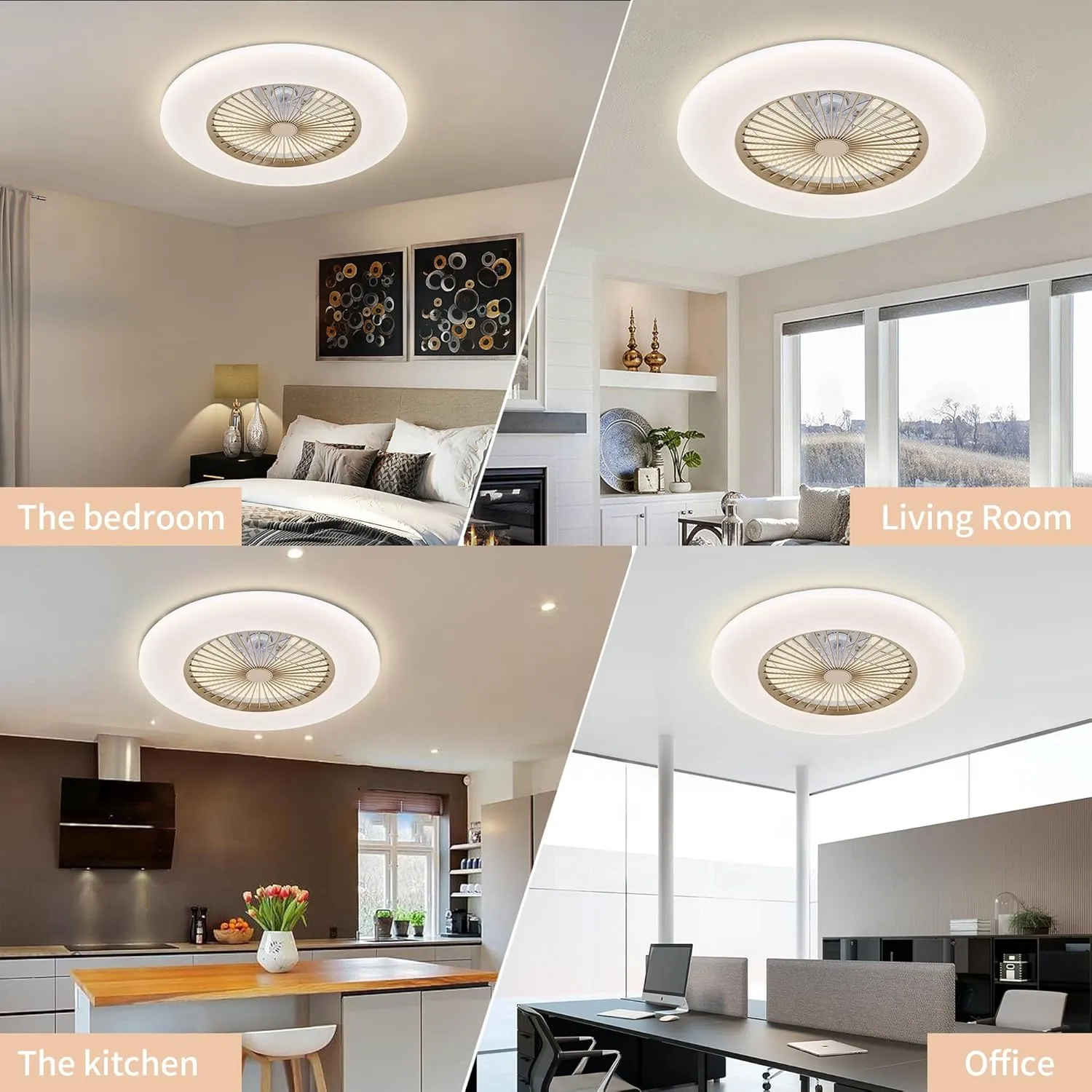24" Low Profile Ceiling Fan, Bladeless With Light, Flush Mount Remote & APP Control, 3-Dimmable Light, 6 Speeds Timing Reversible Quiet Enclosed