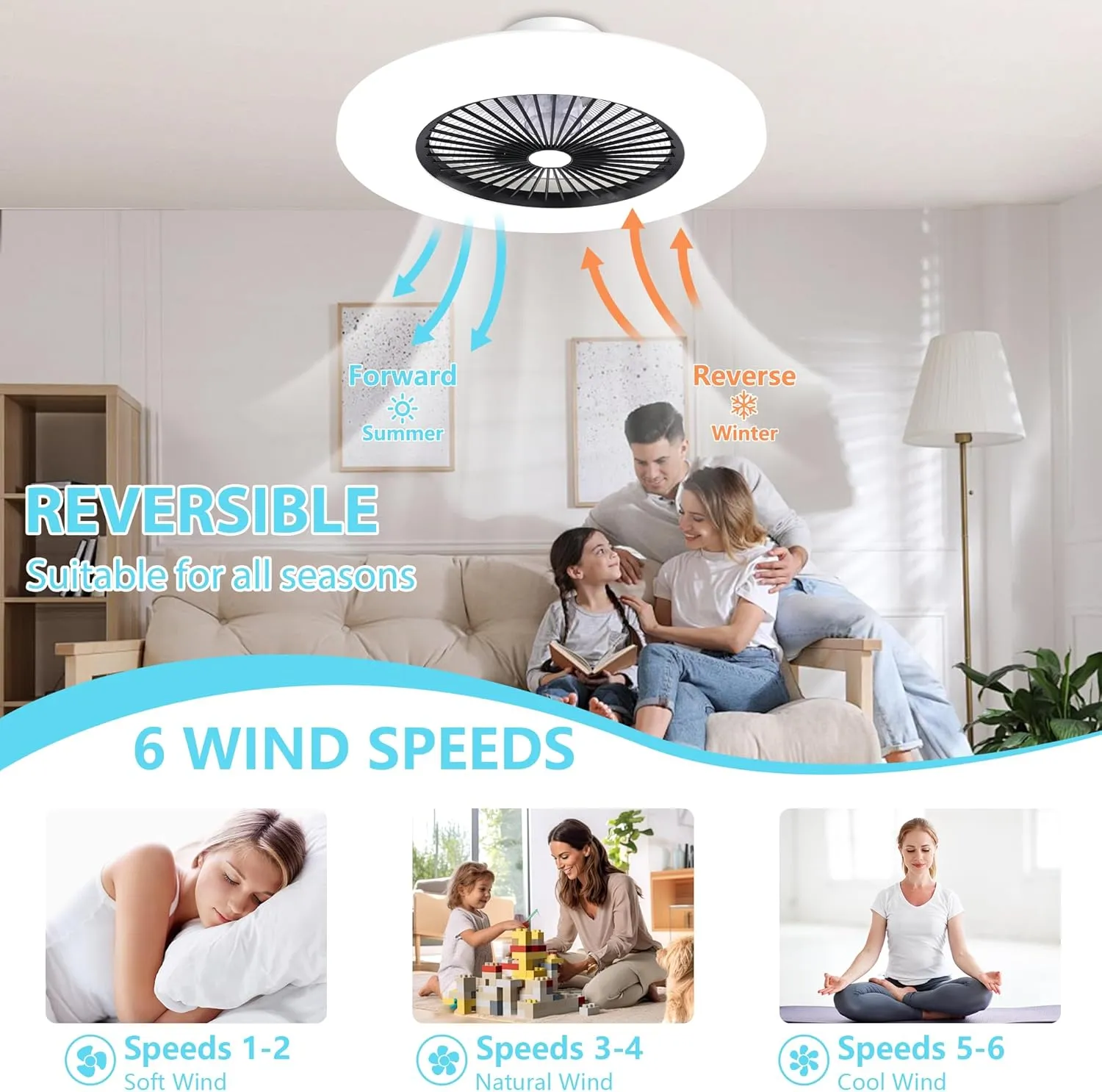 24" Low Profile Ceiling Fan With Light, Bladeless Flush Mount With 3 Color Dimmable Smart LED, 6 Speeds Timing Reversible, Modern Enclosed Remote & APP Control Black
