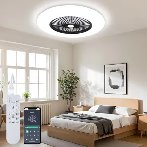 24" Low Profile Ceiling Fan With Light, Bladeless Flush Mount With 3 Color Dimmable Smart LED, 6 Speeds Timing Reversible, Modern Enclosed Remote & APP Control Black Small bladeless fan for quiet cooling