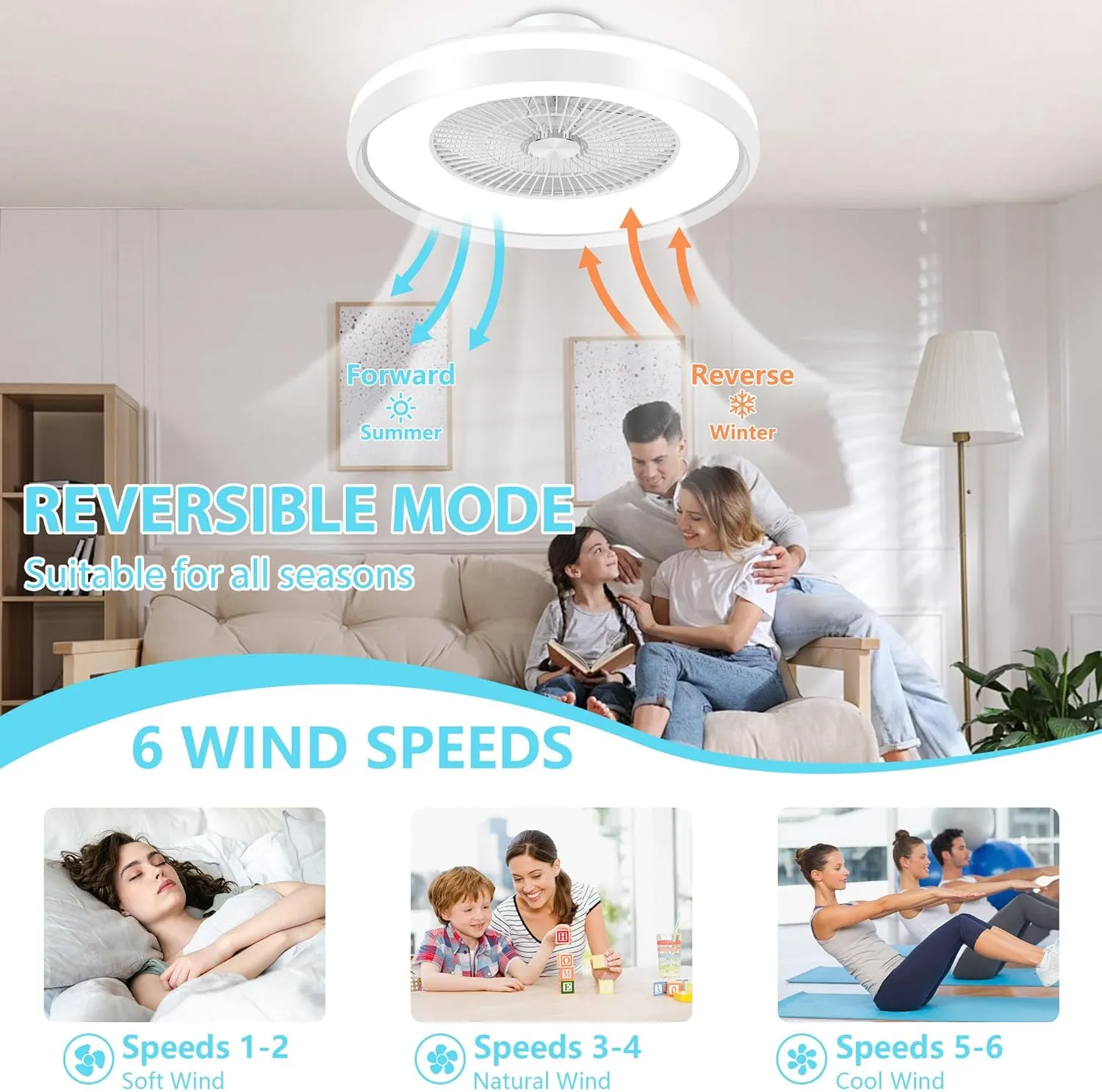 24" Low Profile Ceiling Fan with Light, Bladeless, Flush Mount with Remote & App Control, 6 Speeds, Timing Reversible, Enclosed for 3-Dimmable Light