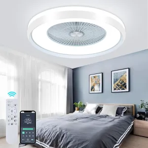 24" Low Profile Ceiling Fan with Light, Bladeless, Flush Mount with Remote & App Control, 6 Speeds, Timing Reversible, Enclosed for 3-Dimmable Light Small bladeless fan for quiet cooling