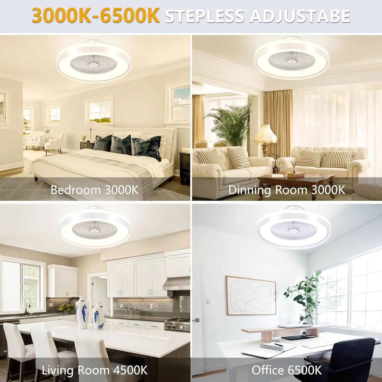 24" Low Profile Ceiling Fan with Light, Bladeless, Flush Mount with Remote & App Control, 6 Speeds, Timing Reversible, Enclosed for 3-Dimmable Light