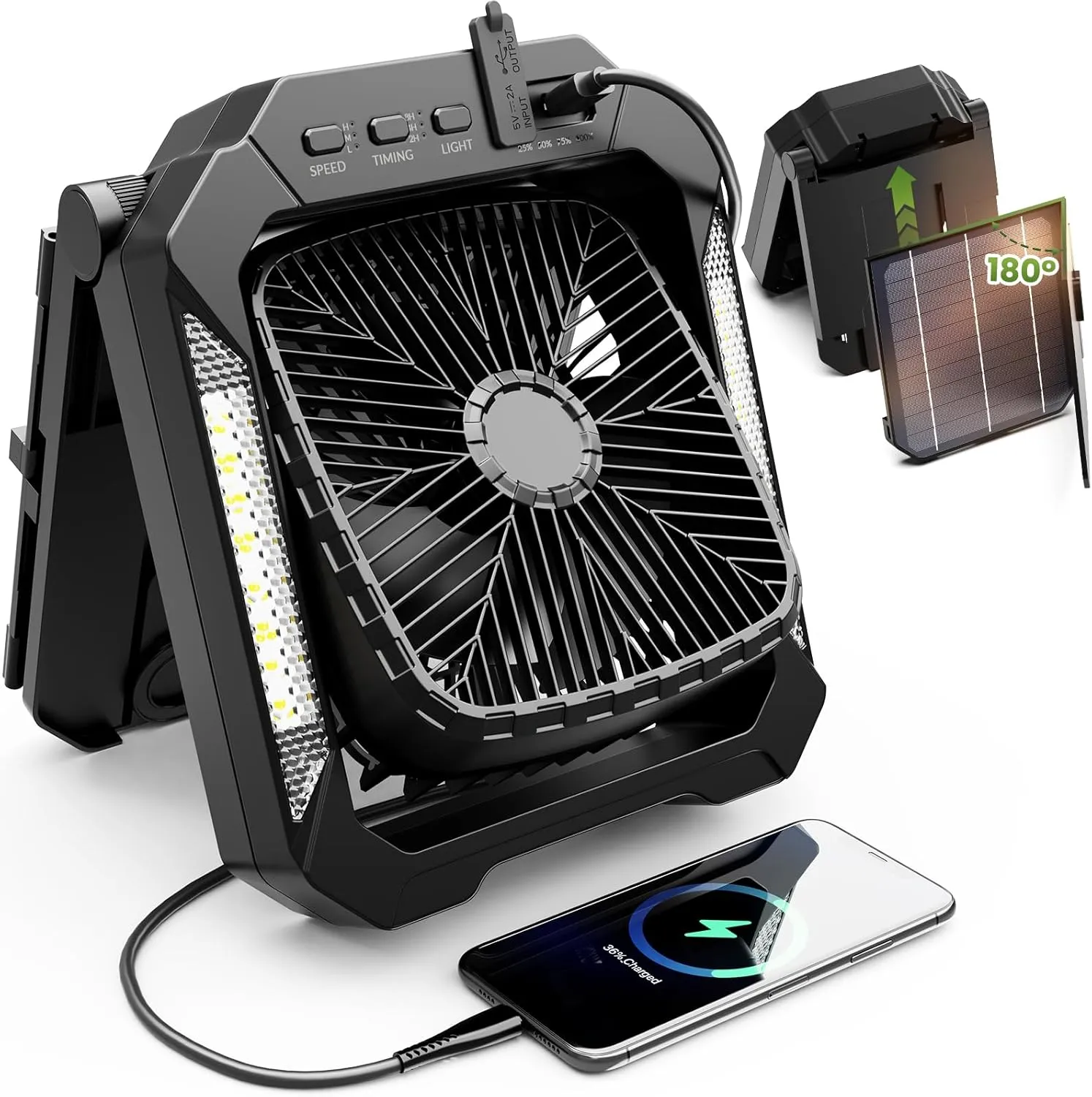26800mAh Portable Fan Rechargeable with 18W Detachable Solar Panel, Quiet Battery Powered Camping Fan Cordless with LED Lantern,3 Speed,Timer,USB-C,for Bedroom Tent Home Office Desk Hurricane(Black) Battery-powered portable fan