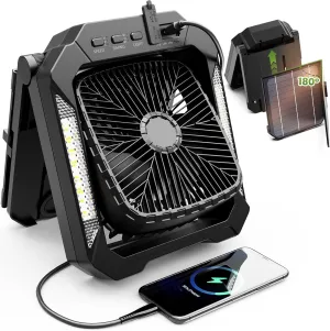 26800mAh Portable Fan Rechargeable with 18W Detachable Solar Panel, Quiet Battery Powered Camping Fan Cordless with LED Lantern,3 Speed,Timer,USB-C,for Bedroom Tent Home Office Desk Hurricane(Black) Battery-powered portable fan