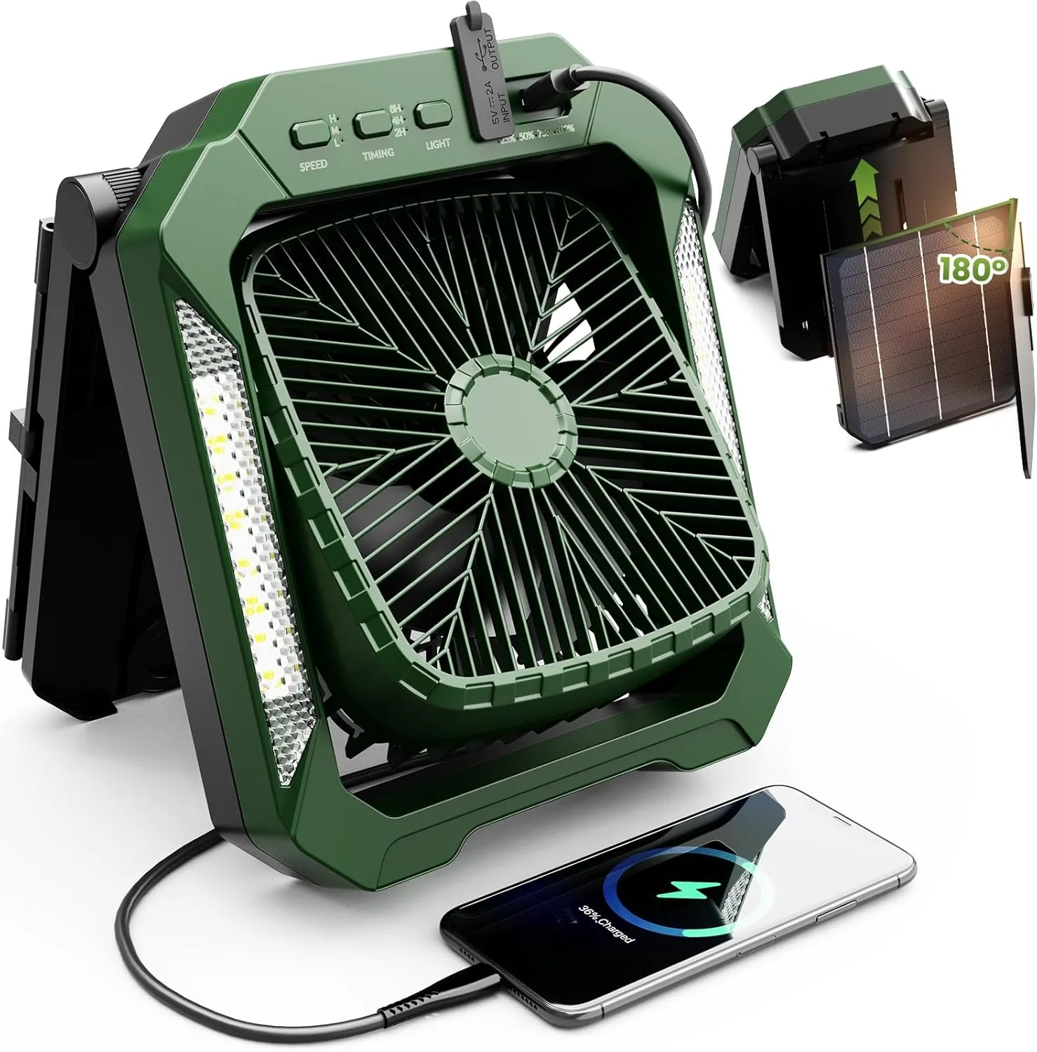 26800mAh Portable Fan Rechargeable with 18W Detachable Solar Panel, Quiet Battery Powered Camping Fan Cordless with LED Lantern,3 Speed,Timer,USB-C,for Bedroom Tent Home Office Desk Hurricane(Green) Battery-powered portable fan