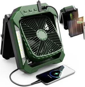 26800mAh Portable Fan Rechargeable with 18W Detachable Solar Panel, Quiet Battery Powered Camping Fan Cordless with LED Lantern,3 Speed,Timer,USB-C,for Bedroom Tent Home Office Desk Hurricane(Green) Battery-powered portable fan