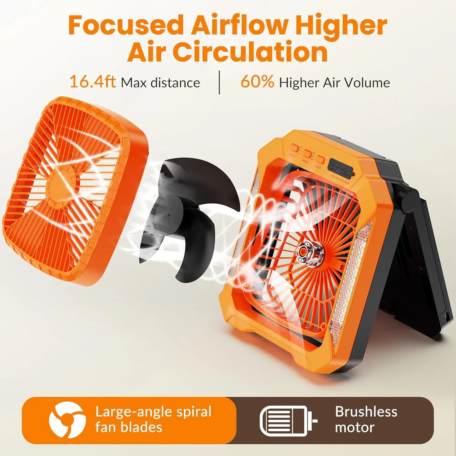26800mAh Portable Fan Rechargeable with 18W Detachable Solar Panel, Quiet Battery Powered Camping Fan Cordless with LED Lantern,3 Speed,Timer,USB-C,for Bedroom Tent Home Office Desk Hurricane(Orange)