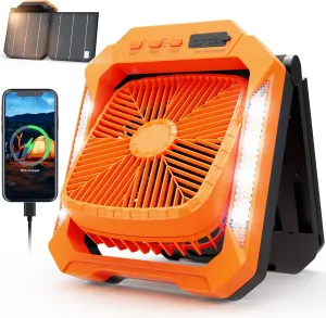 26800mAh Portable Fan Rechargeable with 18W Detachable Solar Panel, Quiet Battery Powered Camping Fan Cordless with LED Lantern,3 Speed,Timer,USB-C,for Bedroom Tent Home Office Desk Hurricane(Orange) Battery-powered portable fan