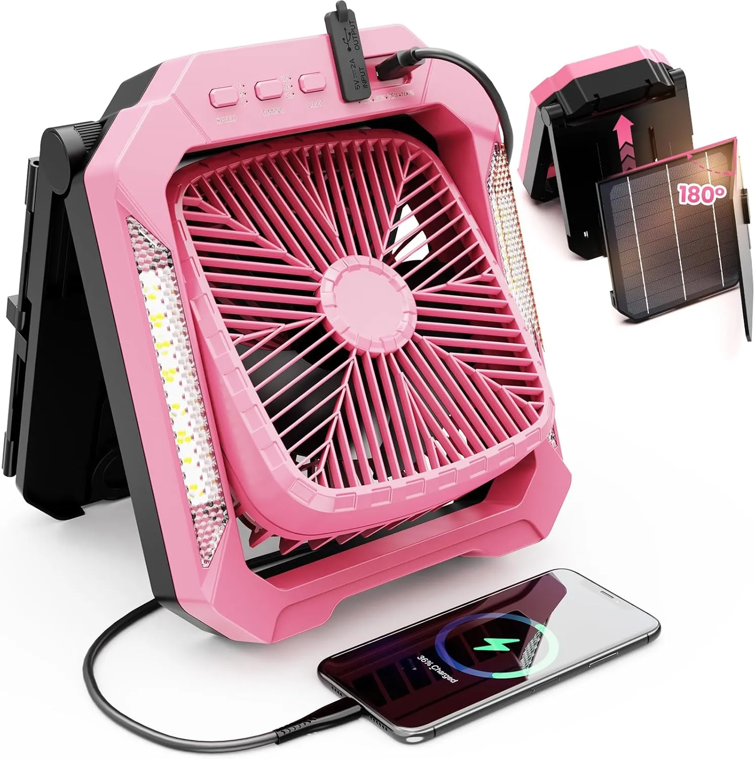 26800mAh Portable Fan Rechargeable with 18W Detachable Solar Panel, Quiet Battery Powered Camping Fan Cordless with LED Lantern,3 Speed,Timer,USB-C,for Bedroom Tent Home Office Desk Hurricane(Pink) Battery-powered portable fan