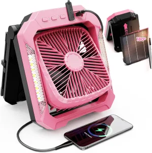 26800mAh Portable Fan Rechargeable with 18W Detachable Solar Panel, Quiet Battery Powered Camping Fan Cordless with LED Lantern,3 Speed,Timer,USB-C,for Bedroom Tent Home Office Desk Hurricane(Pink) Battery-powered portable fan