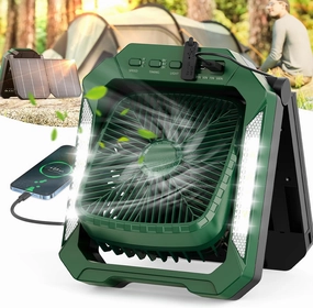 26800mAh Solar Battery Camping Fan, 3 Speeds Portable Fan with 18W Detachable Solar Panel, Rechargeable Desk Fan with LED Light & Timing Function, Outdoor Hurricane Tent Power Bank for Home Office Solar-powered car fan for ventilation