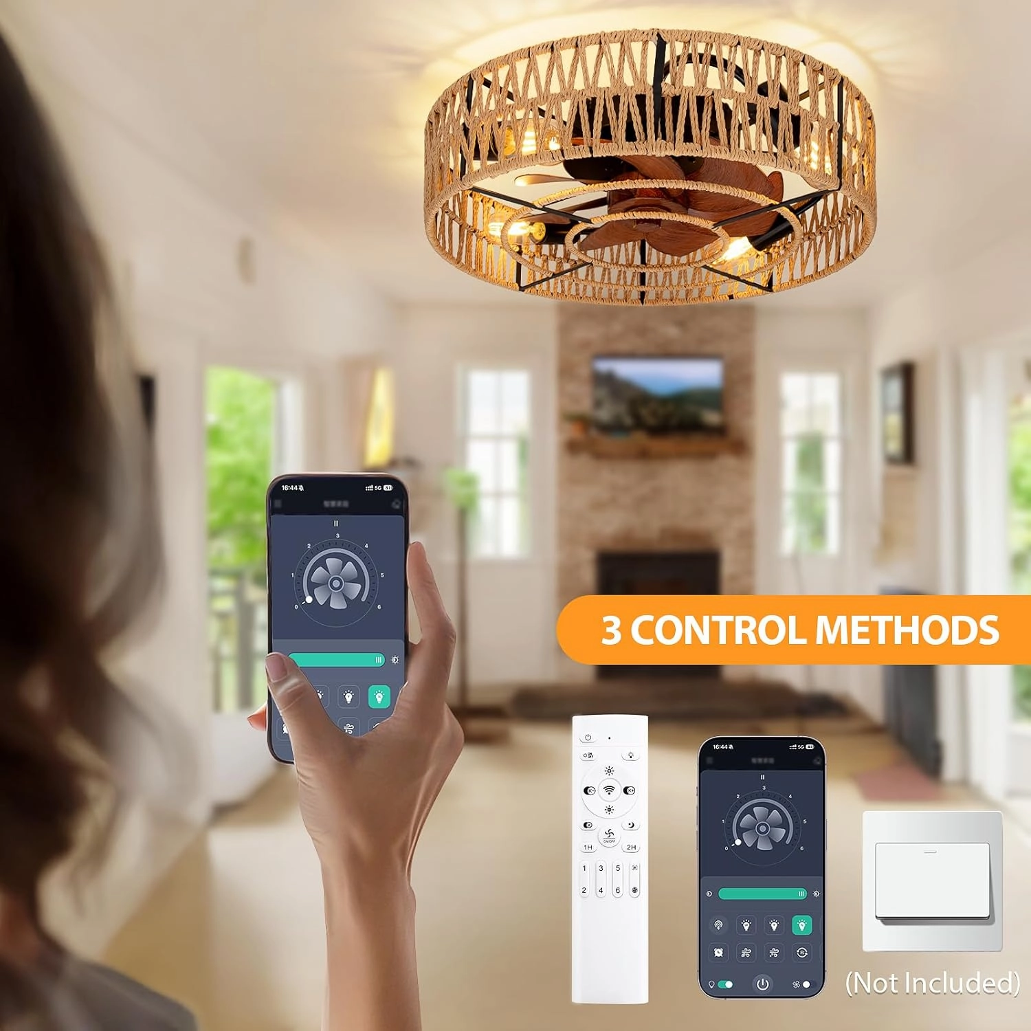 2-in-1 Low Profile Ceiling Fan with Light, 20 Caged Boho Safety Design for Kids - 3000K, Smart APP/Remote Control, Quiet Flush Mount DC Motor, Ideal for Bedroom/Kitchen Farmhouse Style