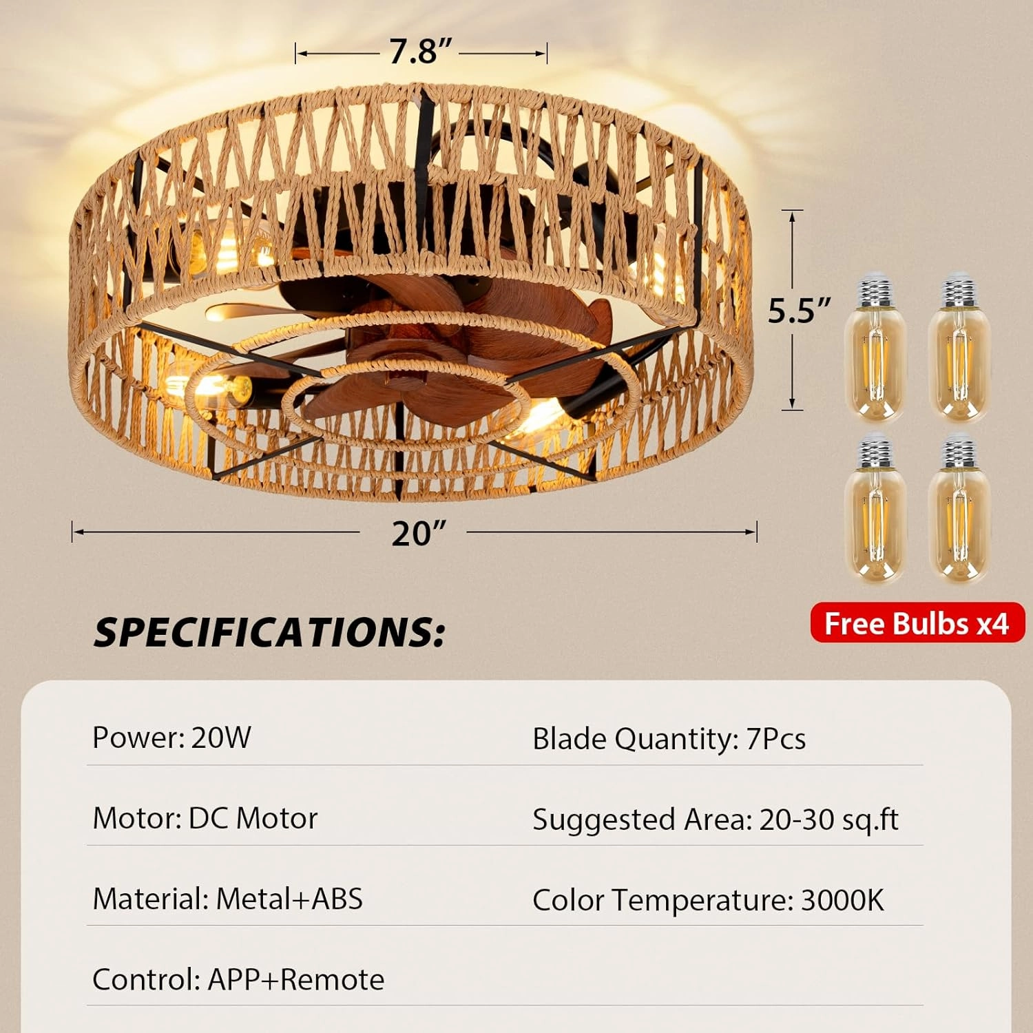 2-in-1 Low Profile Ceiling Fan with Light, 20 Caged Boho Safety Design for Kids - 3000K, Smart APP/Remote Control, Quiet Flush Mount DC Motor, Ideal for Bedroom/Kitchen Farmhouse Style