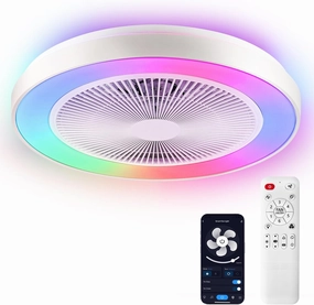 2-in-1 Low Profile Ceiling Fan with Light, 20 Caged Safety Design for Kids - RGB Color, Smart APP/Remote Control, Quiet Flush Mount DC Motor, Ideal for Bedroom/Living Room/Kitchen, White App-controlled remote fan for convenience