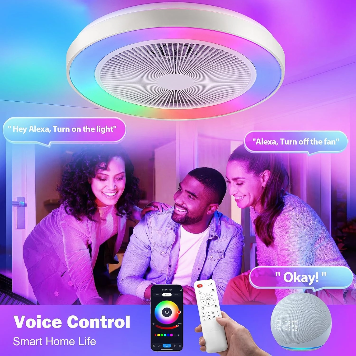 2-in-1 Low Profile Ceiling Fan with Light, 20 Caged Safety Design for Kids - RGB Color, Smart APP/Remote Control, Quiet Flush Mount DC Motor, Ideal for Bedroom/Living Room/Kitchen, White