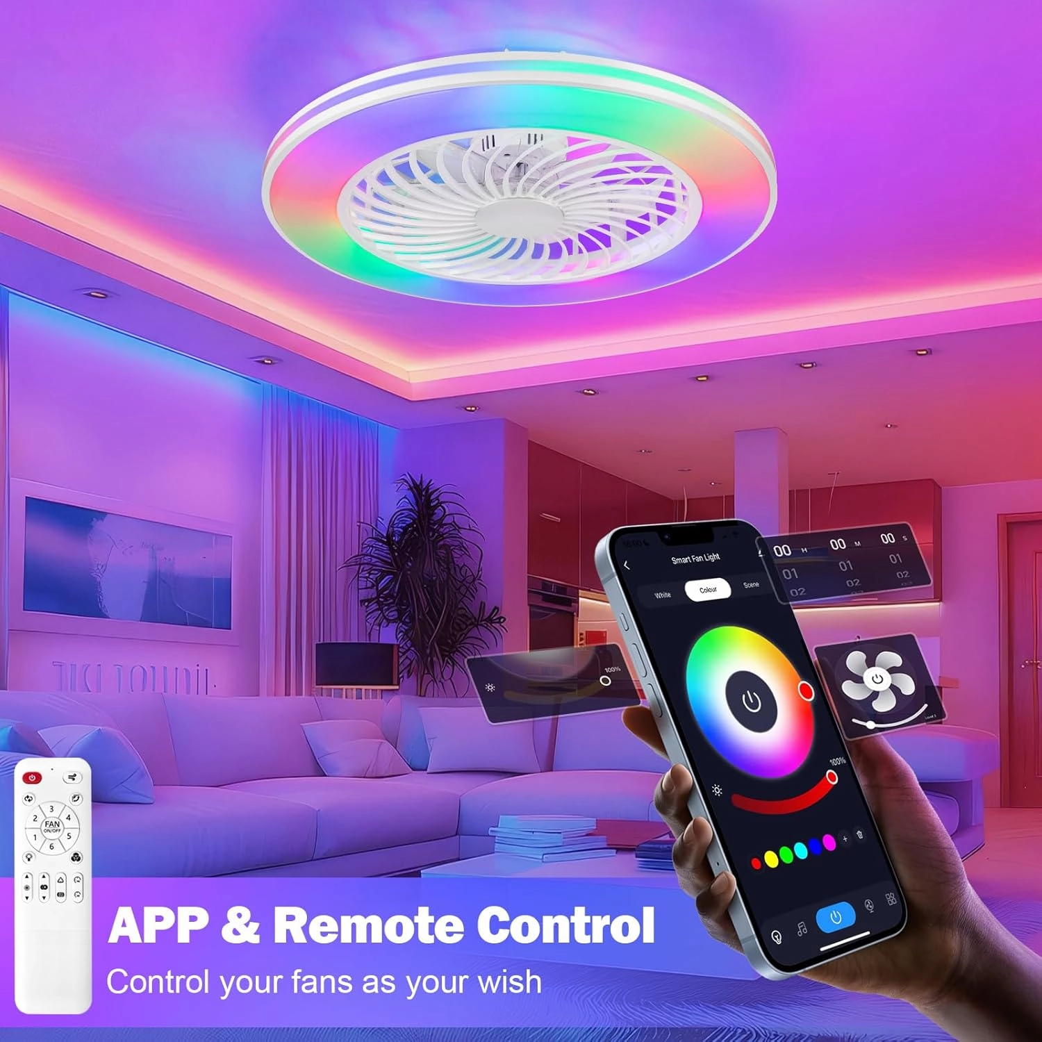 2-in-1 Low Profile Ceiling Fan with Light, 24 Caged Safety Design for Kids - RGB Color, Smart APP/Remote Control, Quiet Flush Mount DC Motor, Ideal for Bedroom/Living Room/Kitchen, White