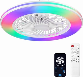 2-in-1 Low Profile Ceiling Fan with Light, 24 Caged Safety Design for Kids - RGB Color, Smart APP/Remote Control, Quiet Flush Mount DC Motor, Ideal for Bedroom/Living Room/Kitchen, White App-controlled remote fan for convenience
