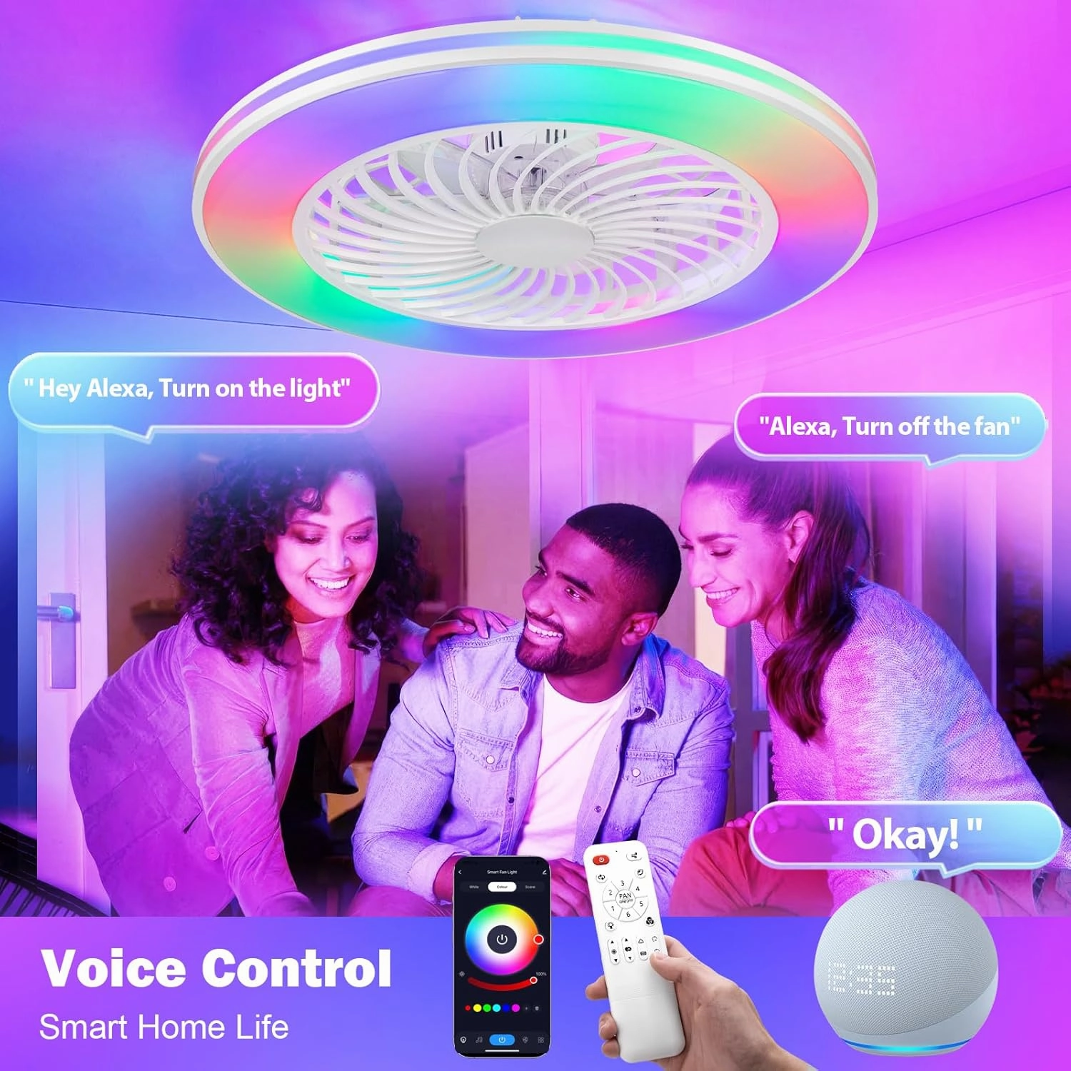 2-in-1 Low Profile Ceiling Fan with Light, 24 Caged Safety Design for Kids - RGB Color, Smart APP/Remote Control, Quiet Flush Mount DC Motor, Ideal for Bedroom/Living Room/Kitchen, White