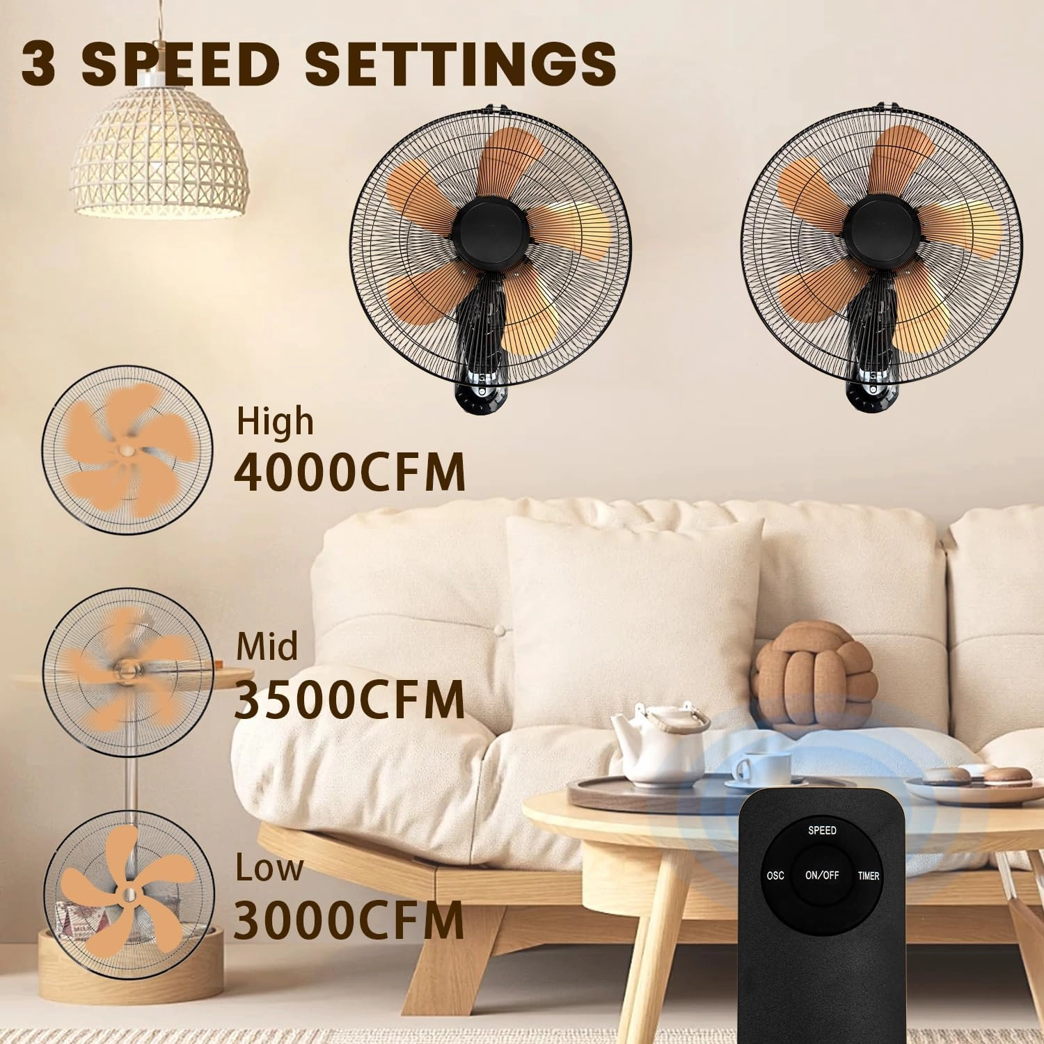 2 Pack Wall Mount Fan with Remote, 3-Speed Wall Oscillating Fan with 5 Blades, Adjustable Tilt and Timing, 16 Inch High Velocity Wall Mounted Fans for Bedroom, Gym, Office, Warehouse, Garage
