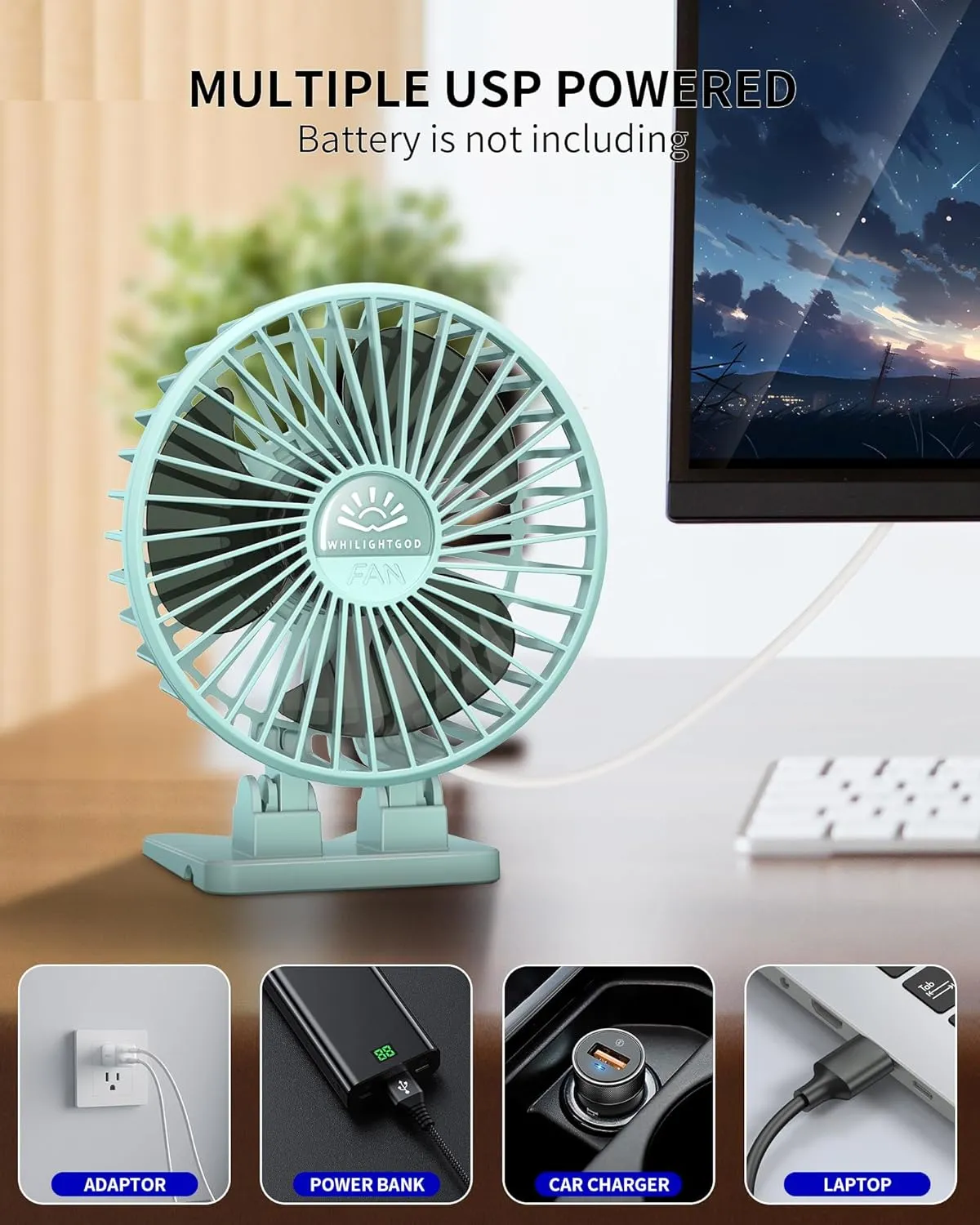 2Pack Desk Fan, USB Fan for Desk, Mini Desk Fan, 3 Speed Rotation Strong Wind, Protable Small Desktop Cooling Fan, Quite Mini Personal Fan for Home Office Table Bedroom Travel Curise(Apple Green)