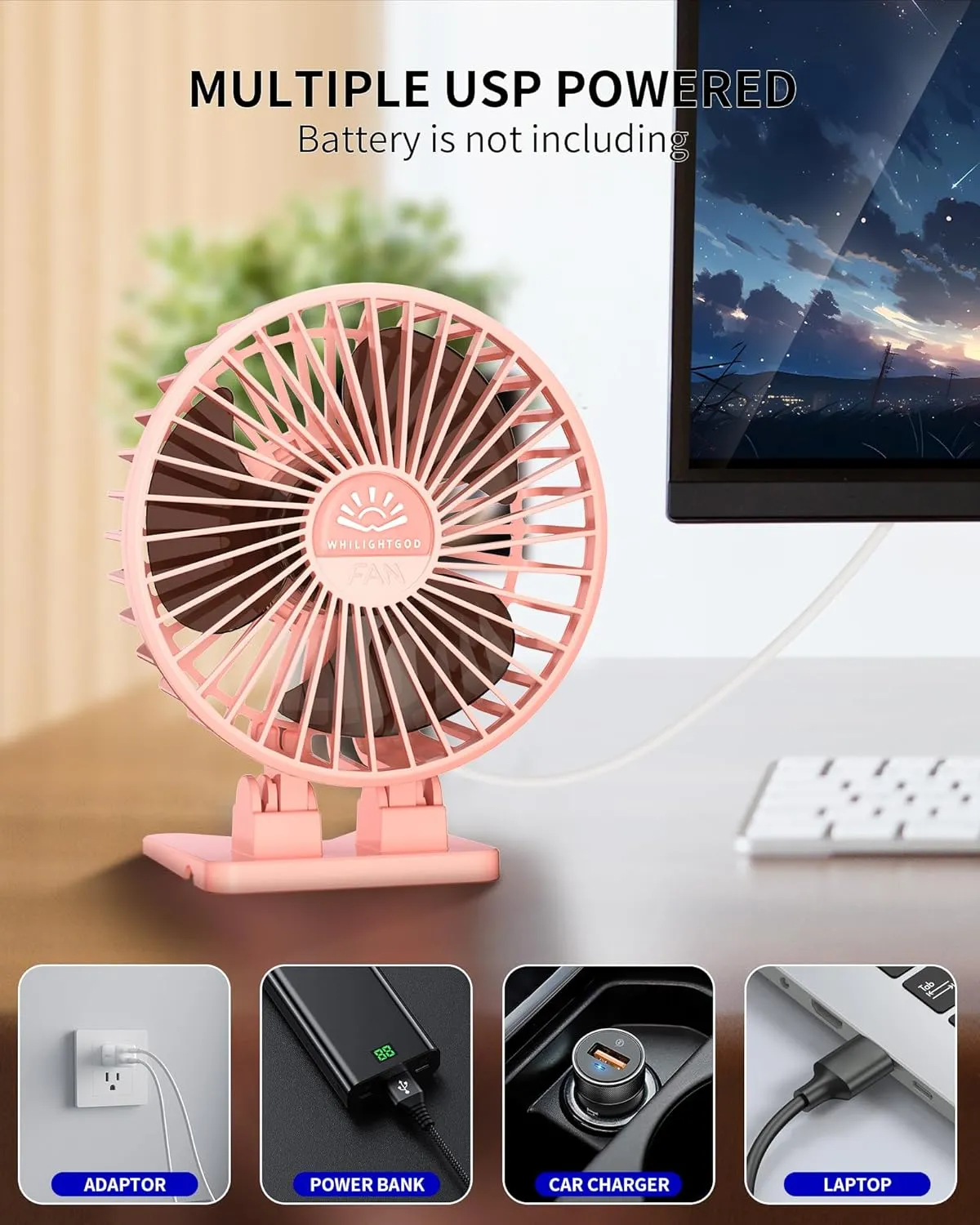 2Pack Desk Fan, USB Fan for Desk, Mini Desk Fan, 3 Speed Rotation Strong Wind, Protable Small Desktop Cooling Fan, Quite Mini Personal Fan for Home Office Table Bedroom Travel Curise(Pink)