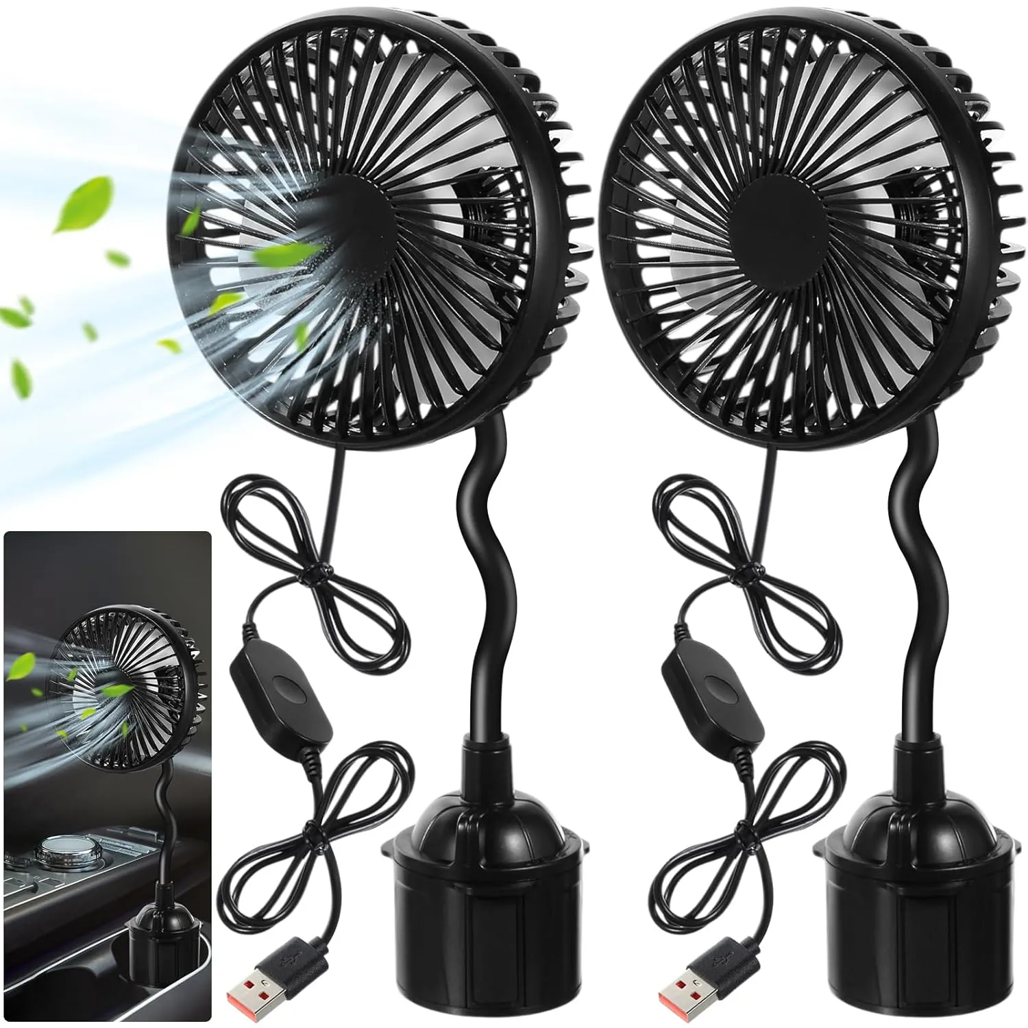 2pcs USB Powered Fan for Car Portable Vehicle Cooling Fan Mounted in Cup Holder 3 Speeds 360 Rotation with Flexible Gooseneck Adjustable Base Car Accessories for Truck SUV RV Supply 360-degree rotating fan for home use