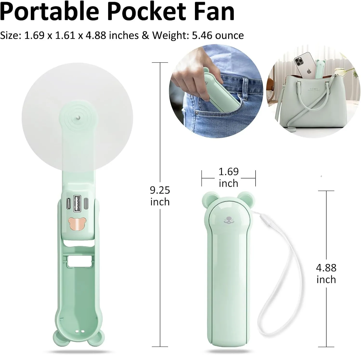 3-in-1 Handheld Fan with Power Bank & Flashlight - USB Rechargeable, Foldable, 3-Speed, 17 Hrs, for Travel, Home, Outdoor (Green