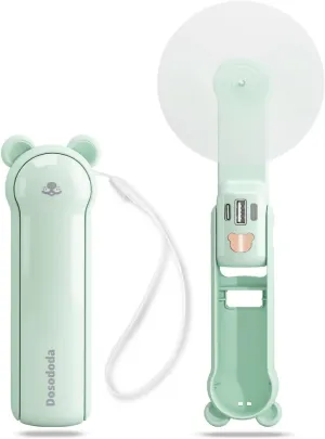 3-in-1 Handheld Fan with Power Bank & Flashlight - USB Rechargeable, Foldable, 3-Speed, 17 Hrs, for Travel, Home, Outdoor (Green Fan with safety blade design
